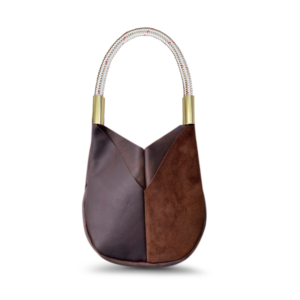 small brown leather tote with oystershell gold dock line
