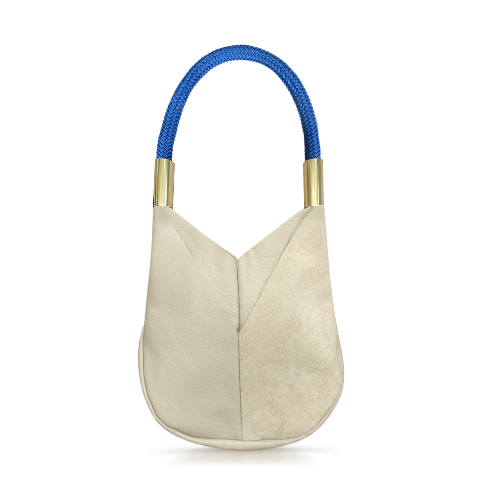 beige leather small tote with harborside blue dock line