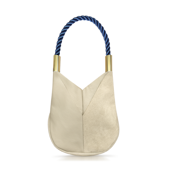 Load image into Gallery viewer, beige leather small tote with navy dock line
