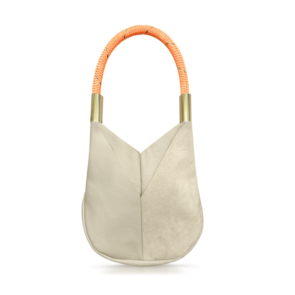 beige leather small tote with neon orange dock line