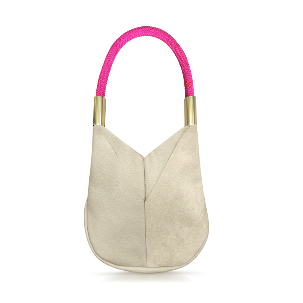 beige leather small tote with neon pink dock line