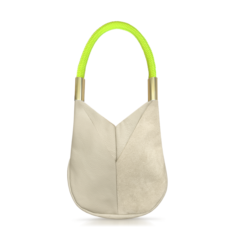 beige leather small tote with neon yellow dock line