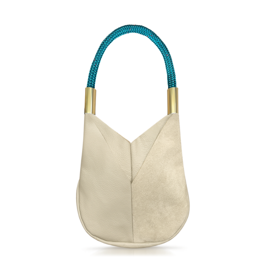 beige leather small tote with teal dock line