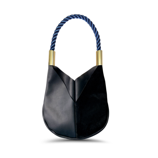 black leather small tote with navy dockline