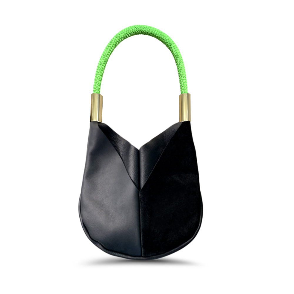 small black leather tote with neon green dock line