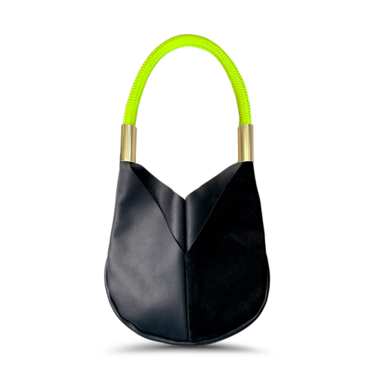 small black leather tote with neon yellow dock line