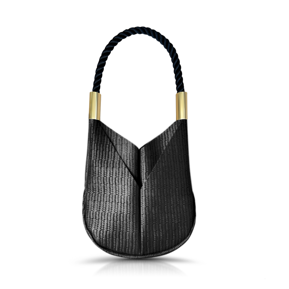 black basketweave leather small tote with black dock line handle