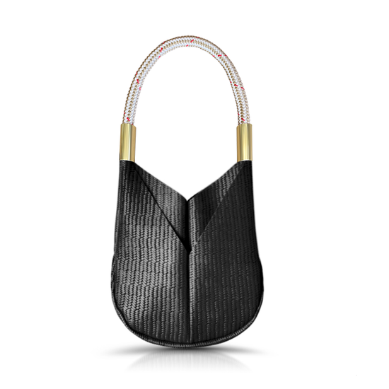 black basketweave leather small tote with gold dock line handle
