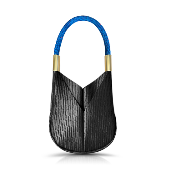 black basketweave leather small tote with harborside blue dock line handle
