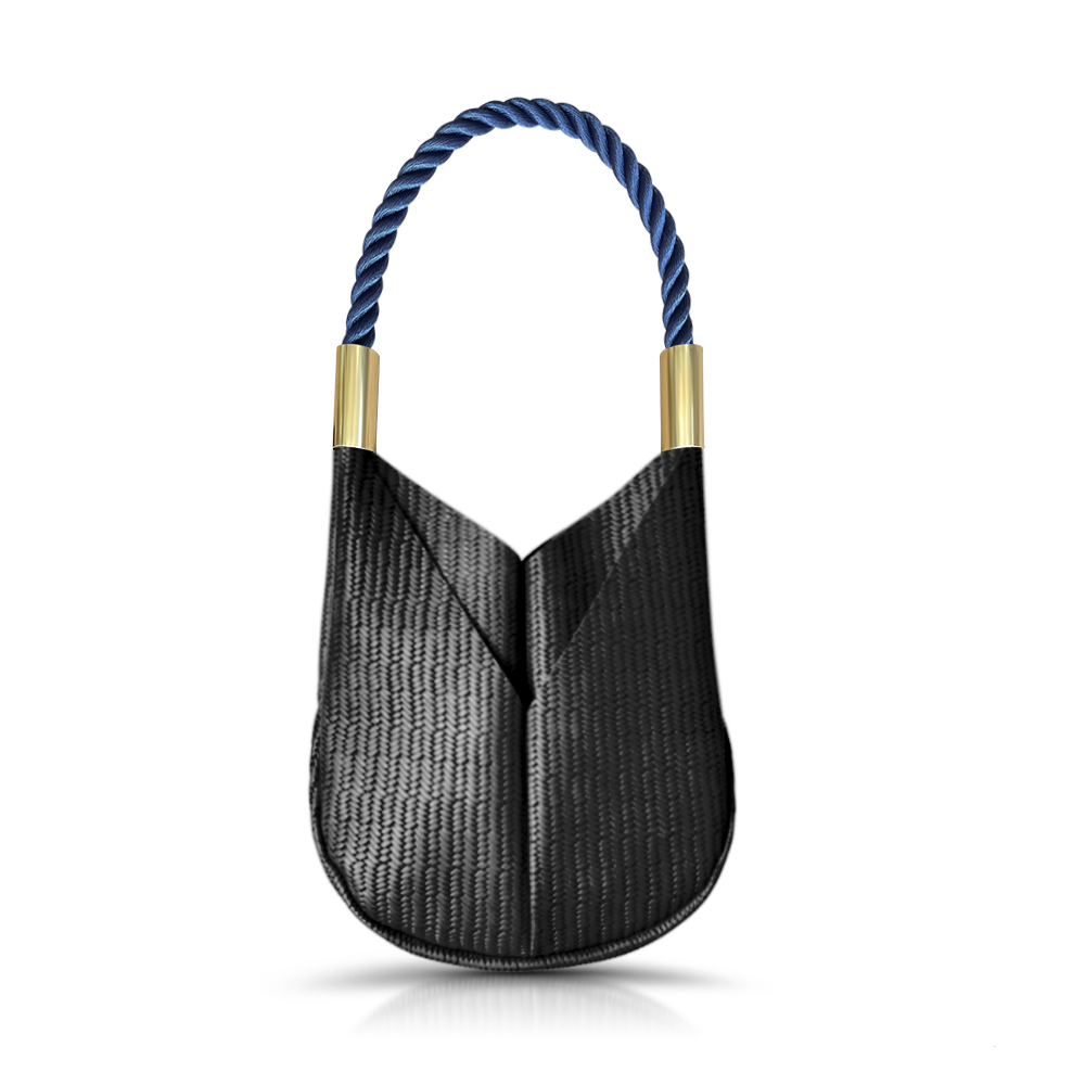 black basketweave leather small tote with navy dock line handle