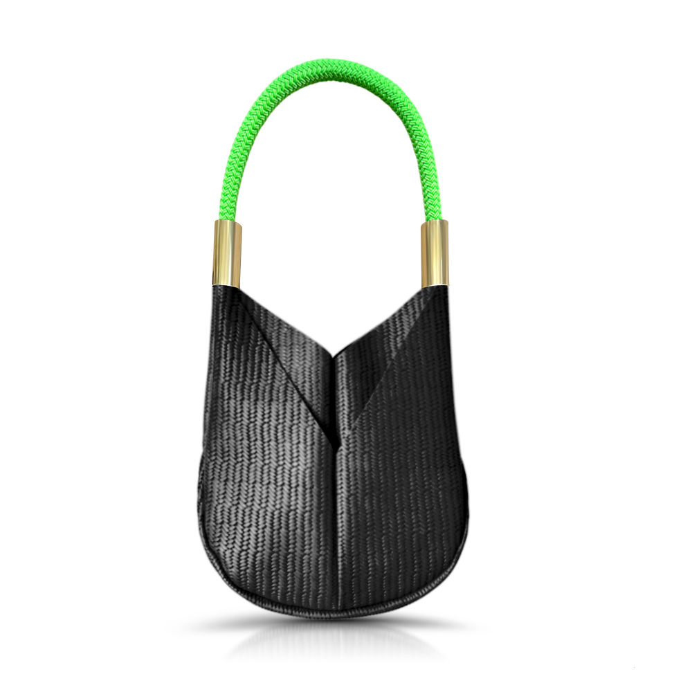 black basketweave leather small tote with neon green dock line handle