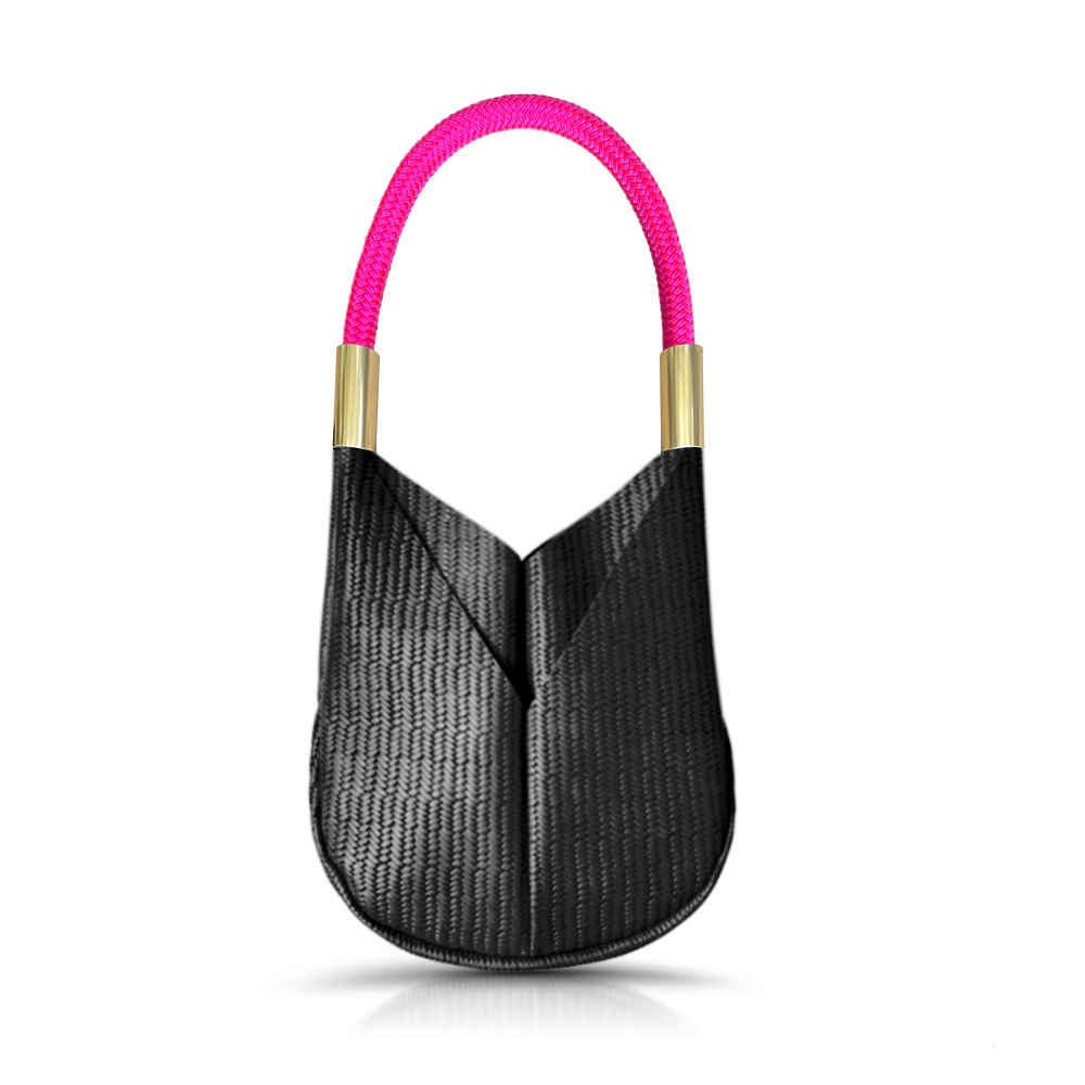 black basketweave leather small tote with neon pink dock line handle