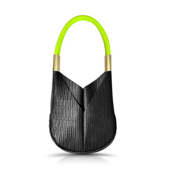 black basketweave leather small tote with neon yellow dock line handle