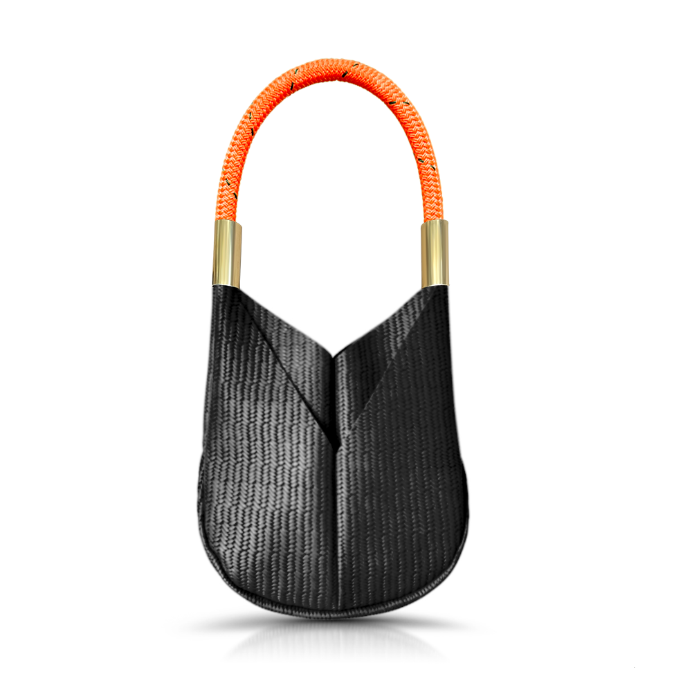 black basketweave leather small tote with neon orange dock line handle