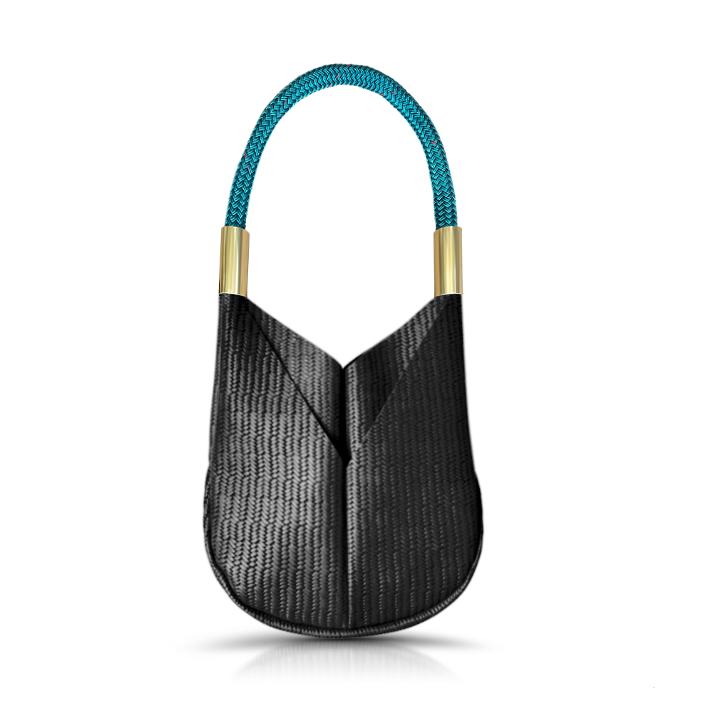black basketweave leather small tote with basketweave teal dock line handle