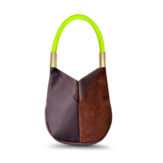 small brown leather tote with neon yellow dock line