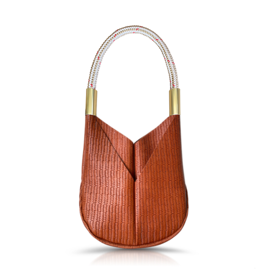brown basketweave leather tote with gold dockline handle