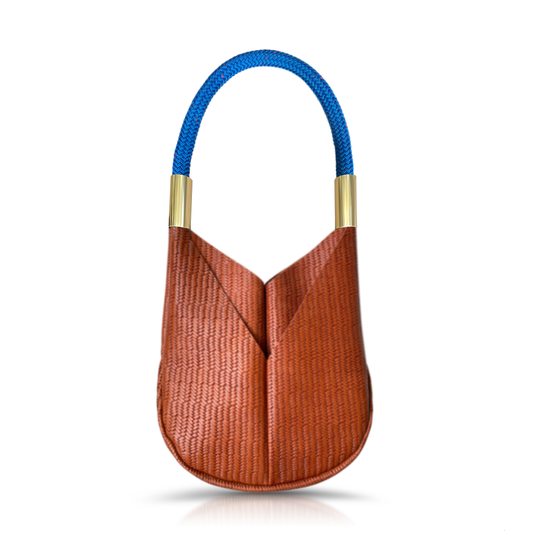 brown basketweave leather tote with harborside blue dockline handle