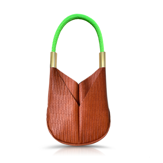 brown basketweave leather tote with neon green dockline handle