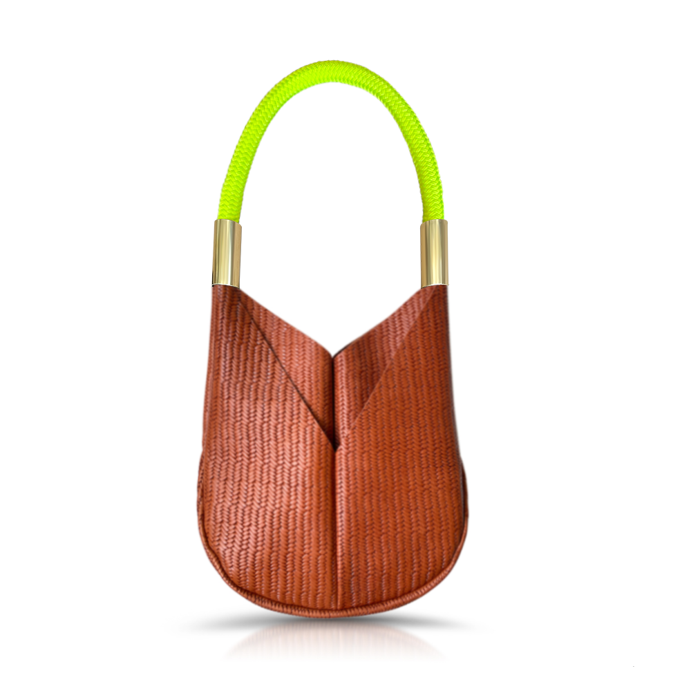 brown basketweave leather tote with neon yellow dockline handle