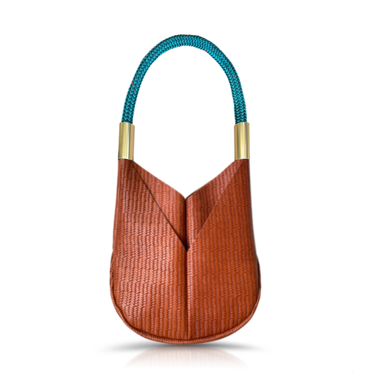 brown basketweave leather tote with teal dockline handle