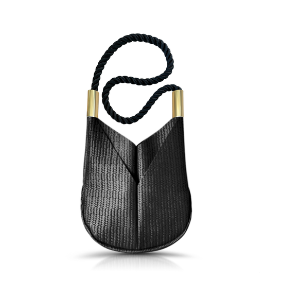black basketweave leather small crossbody tote with black dock line handle