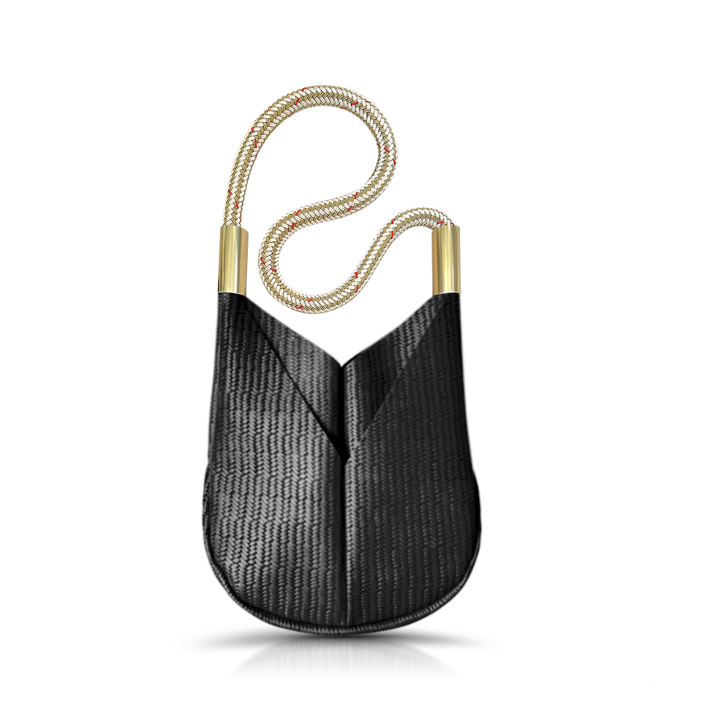 black basketweave leather small crossbody tote with gold dock line handle