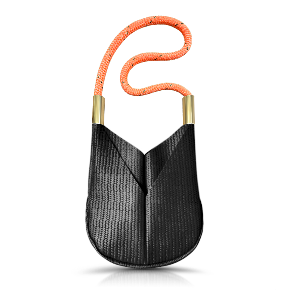 black basketweave leather small crossbody tote with neon orange dock line handle
