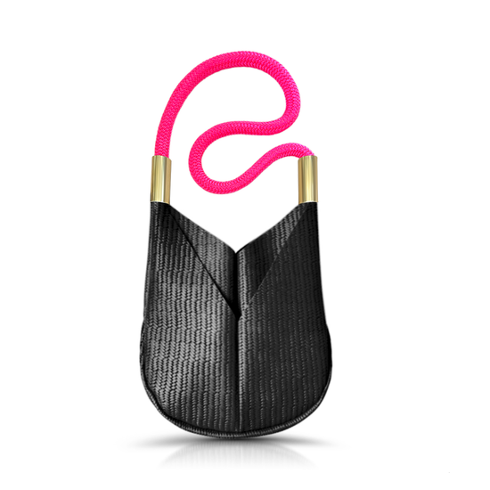 black basketweave leather small crossbody tote with neon pink dock line handle