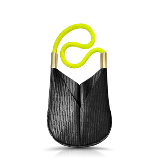 black basketweave leather small crossbody tote with neon yellow dock line handle