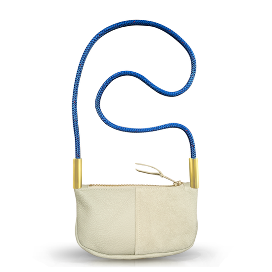 beige leather zip crossbody bag with blue dock line