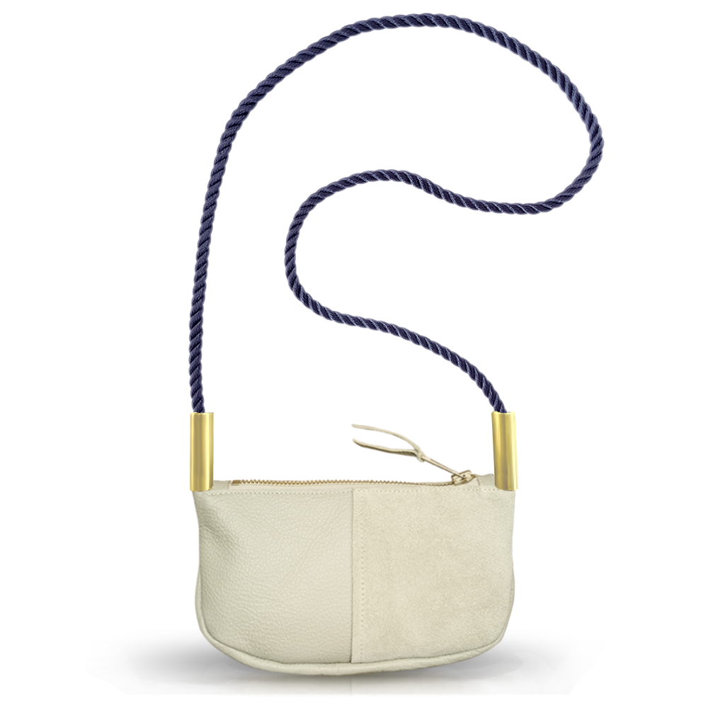Load image into Gallery viewer, beige leather zip crossbody bag with navy dock line
