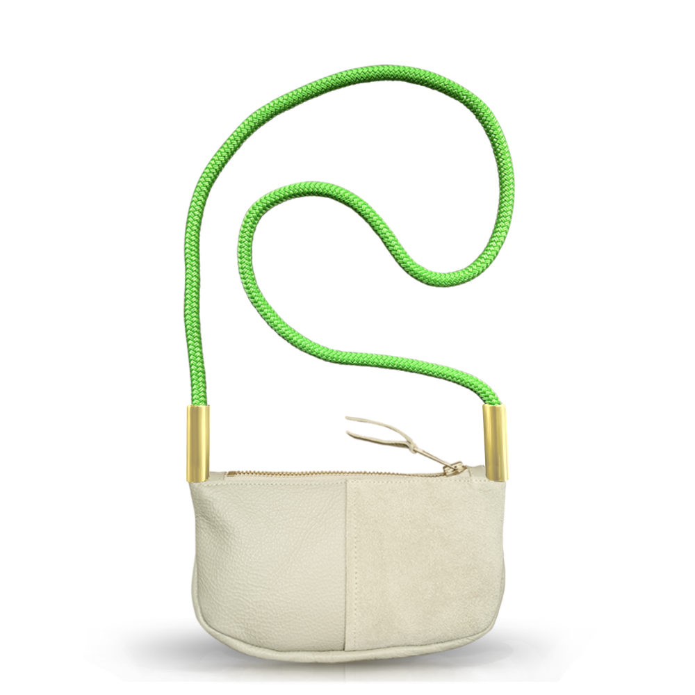 beige leather zip crossbody bag with neon green dock line