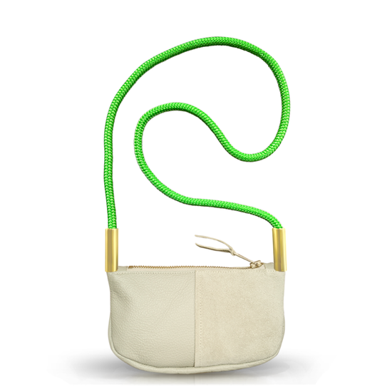beige leather zip crossbody bag with neon green dock line