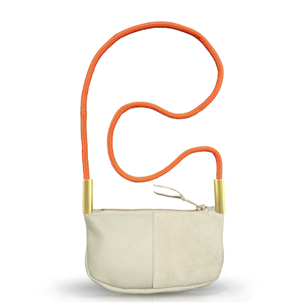 beige leather zip crossbody bag with neon orange dock line