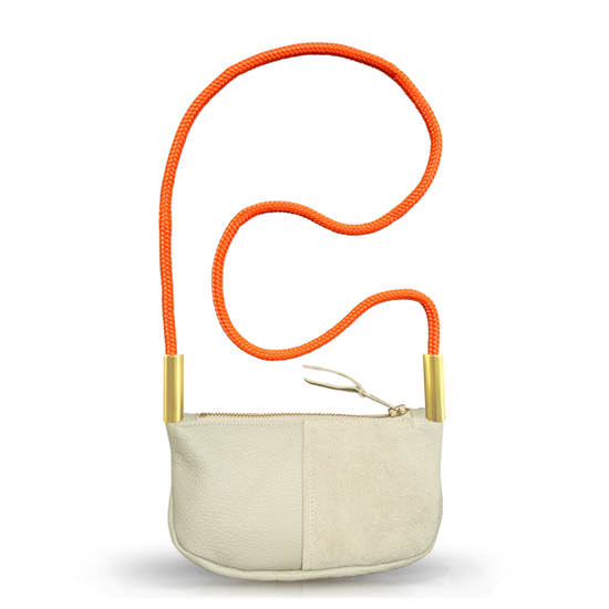 beige leather zip crossbody bag with neon orange dock line
