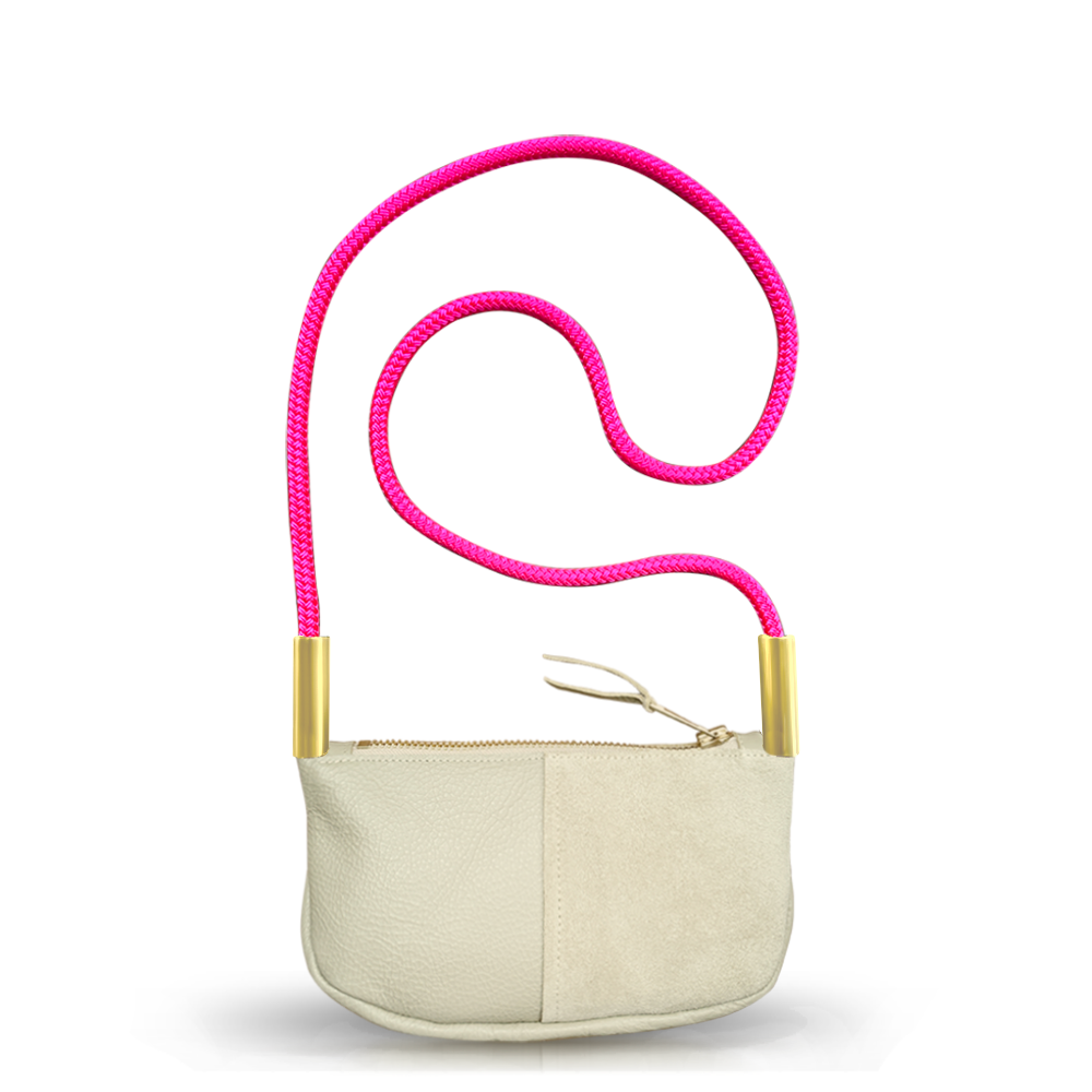 beige leather zip crossbody bag with neon pink dock line