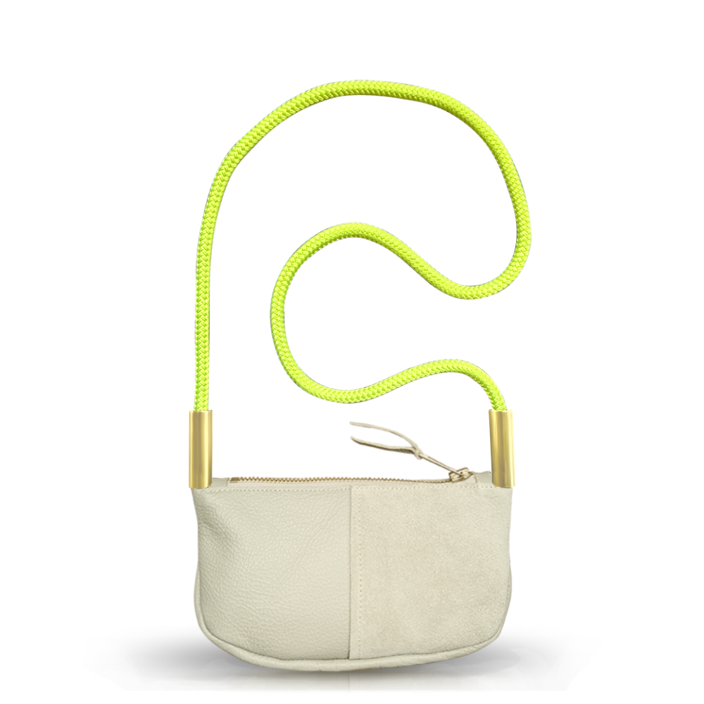 beige leather zip crossbody bag with neon yellow dock line