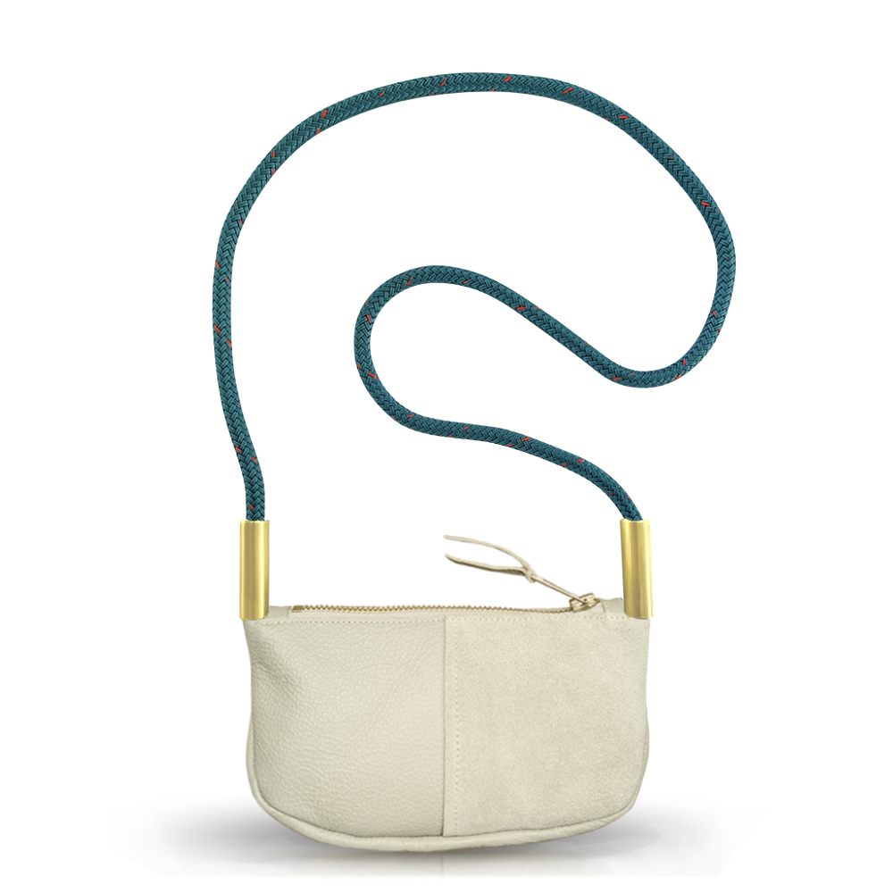 Load image into Gallery viewer, beige leather zip crossbody bag with teal dock line

