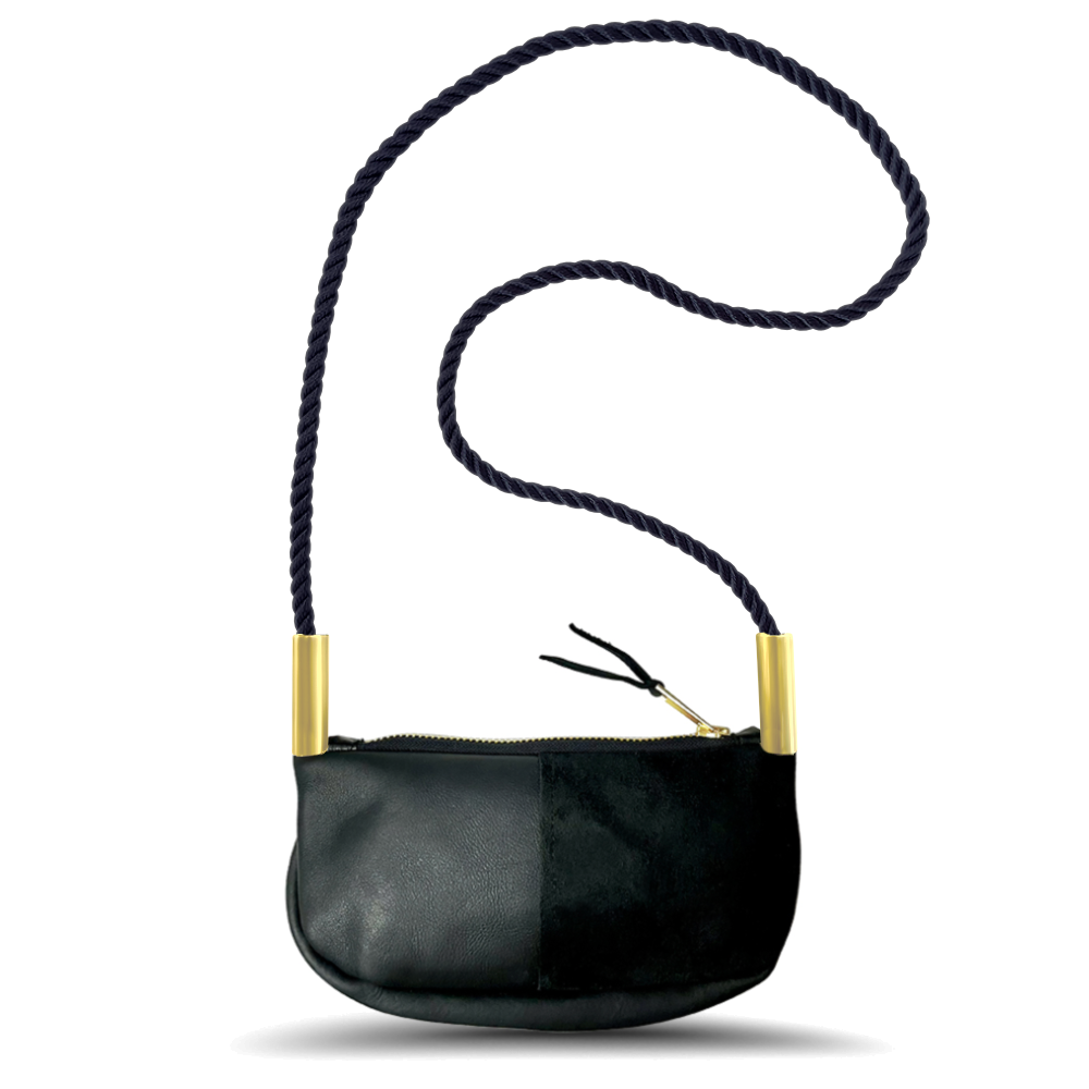 black leather zip crossbody with black dockline