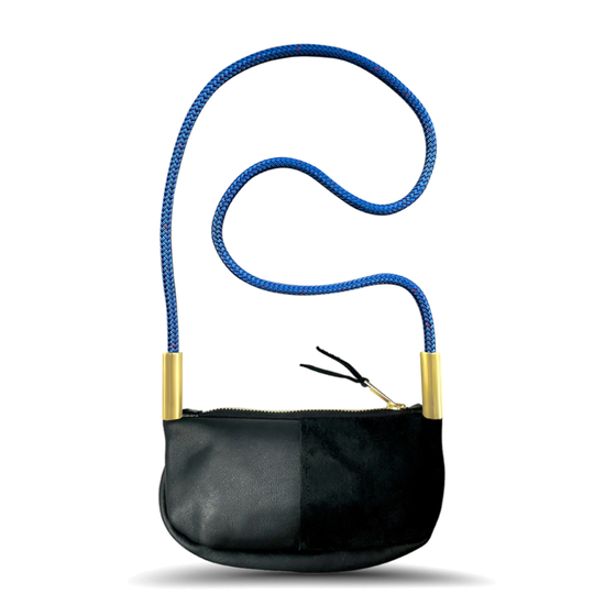 black leather zip crossbody bag with harborside blue dock line
