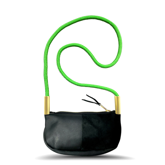 black leather zip crossbody with neon green dockline