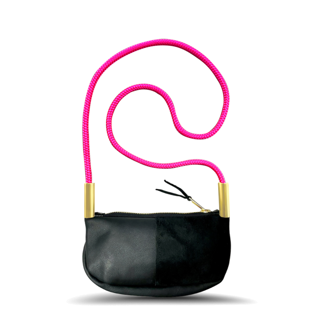 Load image into Gallery viewer, black leather zip crossbody bag with neon pink dock line
