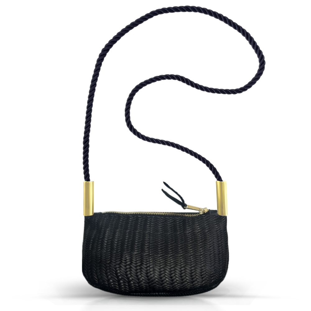 black basketweave leather zip crossbody tote with black dock line handle