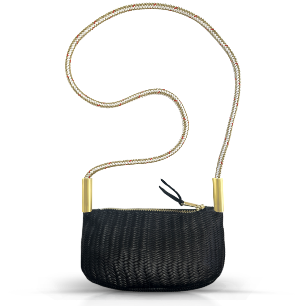 black basketweave leather zip crossbody tote with gold dock line handle