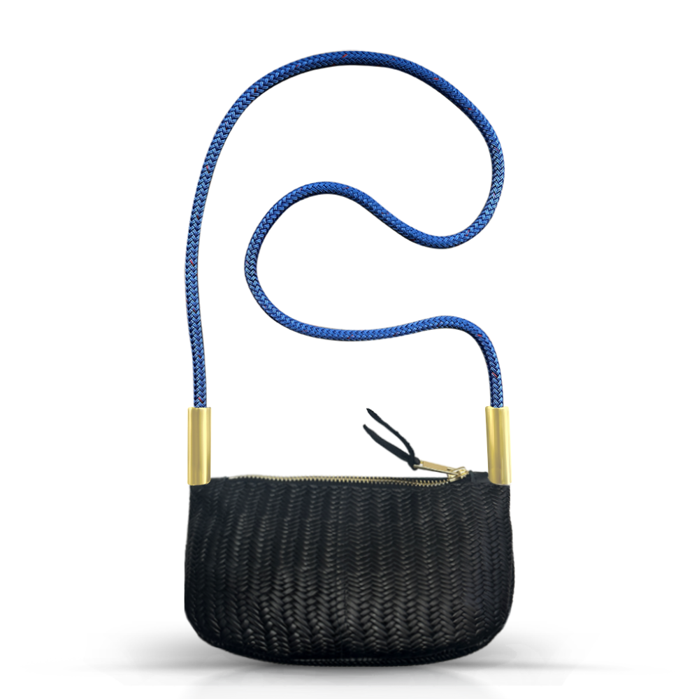 black basketweave leather zip crossbody tote with harborside blue dock line handle