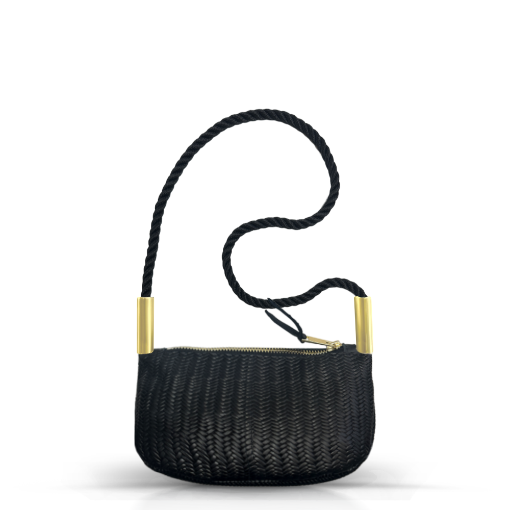 Zip Crossbody in Black Basketweave Leather