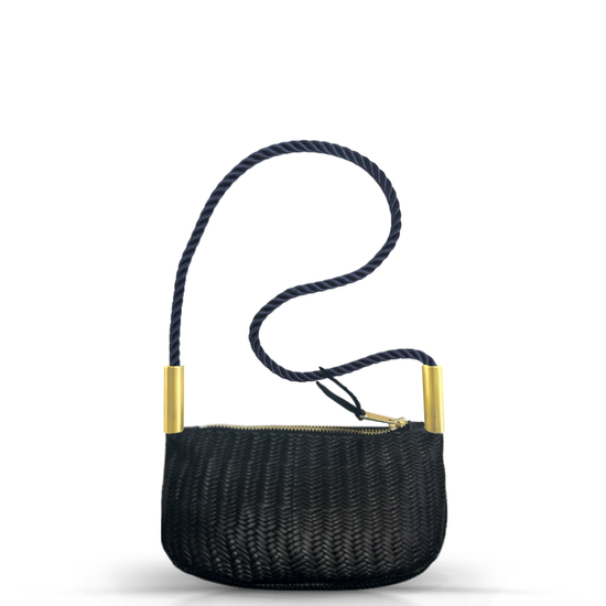 Zip Crossbody in Black Basketweave Leather