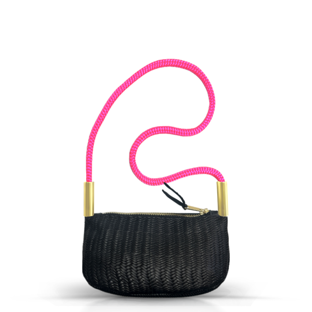 Zip Crossbody in Black Basketweave Leather