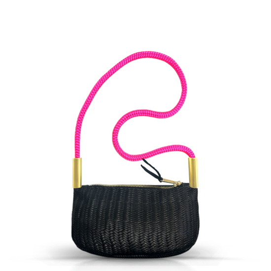 Zip Crossbody in Black Basketweave Leather